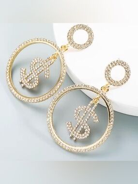 Target Gold Crystal Dollar Sign Hoop Drop Earrings - Women Jewelry
